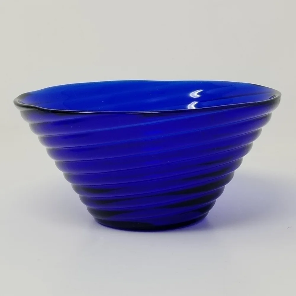 Vintage Cobalt Blue Swirl Bowl Concentric Rings Textured Optic Glass Serving Bow